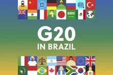 Illustration: "G20 in Brazil" in large letters, surrounded by flags and symbols of G20 countries on a colorful background.