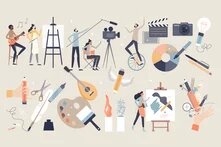 Illustration: Verschiedene kreative Tätigkeiten wie Malen, Musik, Film, Schreiben, Basteln und Jonglieren sind dargestellt.