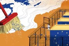 Illustration: A broom sweeps groups of people from Europe into a fenced camp marked with EU flags, guarded by one person.