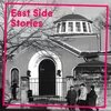 Schwarz-weiß-Bild einer Synagoge mit Kuppeldach. Drei Personen stehen vor dem Eingang. Oben links steht „Synagogen Stories“ in pinker Schrift.