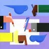  Illustration: Bunte Hände halten Stifte und schreiben auf ein leeres Blatt Papier, das mittig auf einem Schreibtisch liegt.
