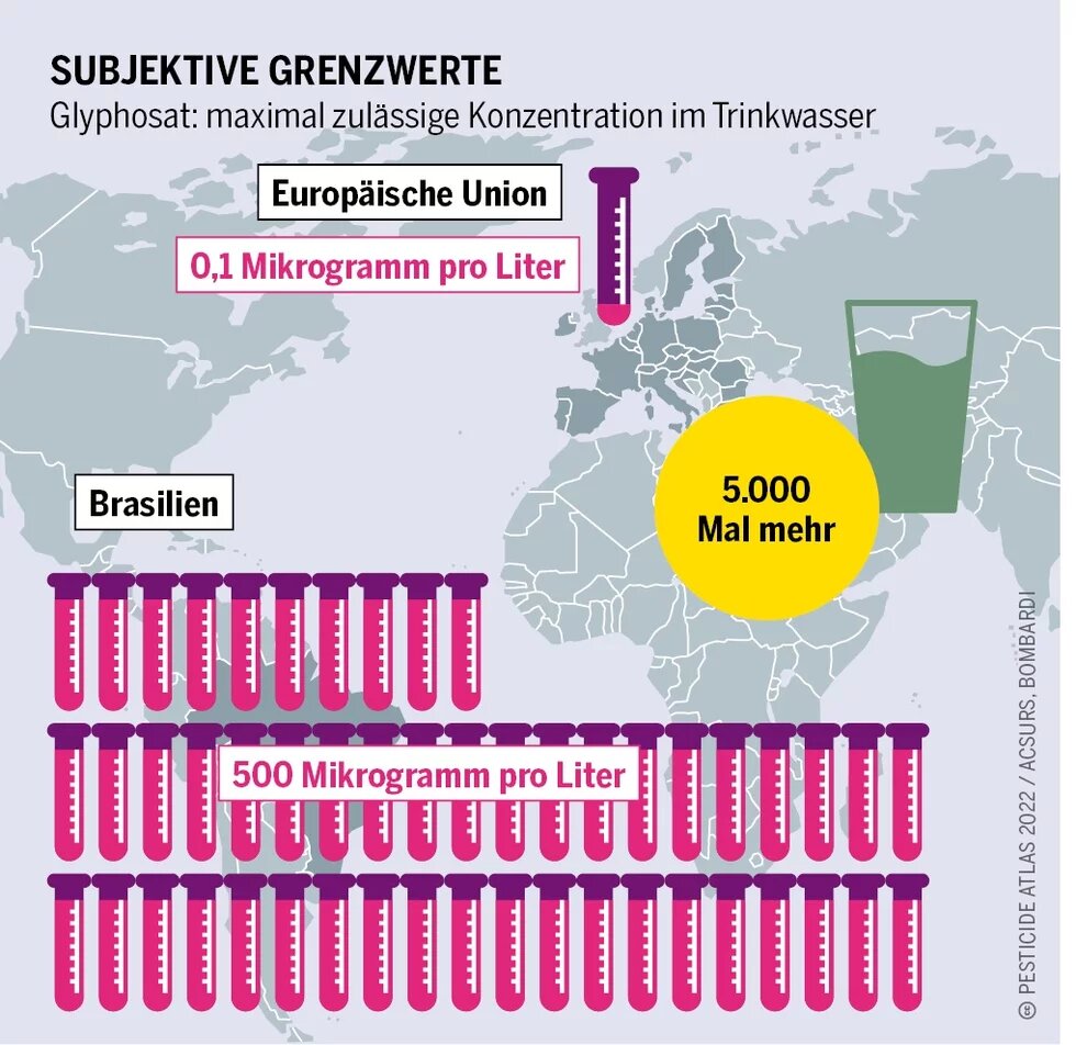 Infografik, die die Grenzwerte von Glyphosat im Trinkwasser zeigt. Ein Vergleich zwischen Brasilien und der EU zeigt, dass in Brasilien etwa 5000 mal mehr Glyphosat im Trinkwasser nachweisbar ist.