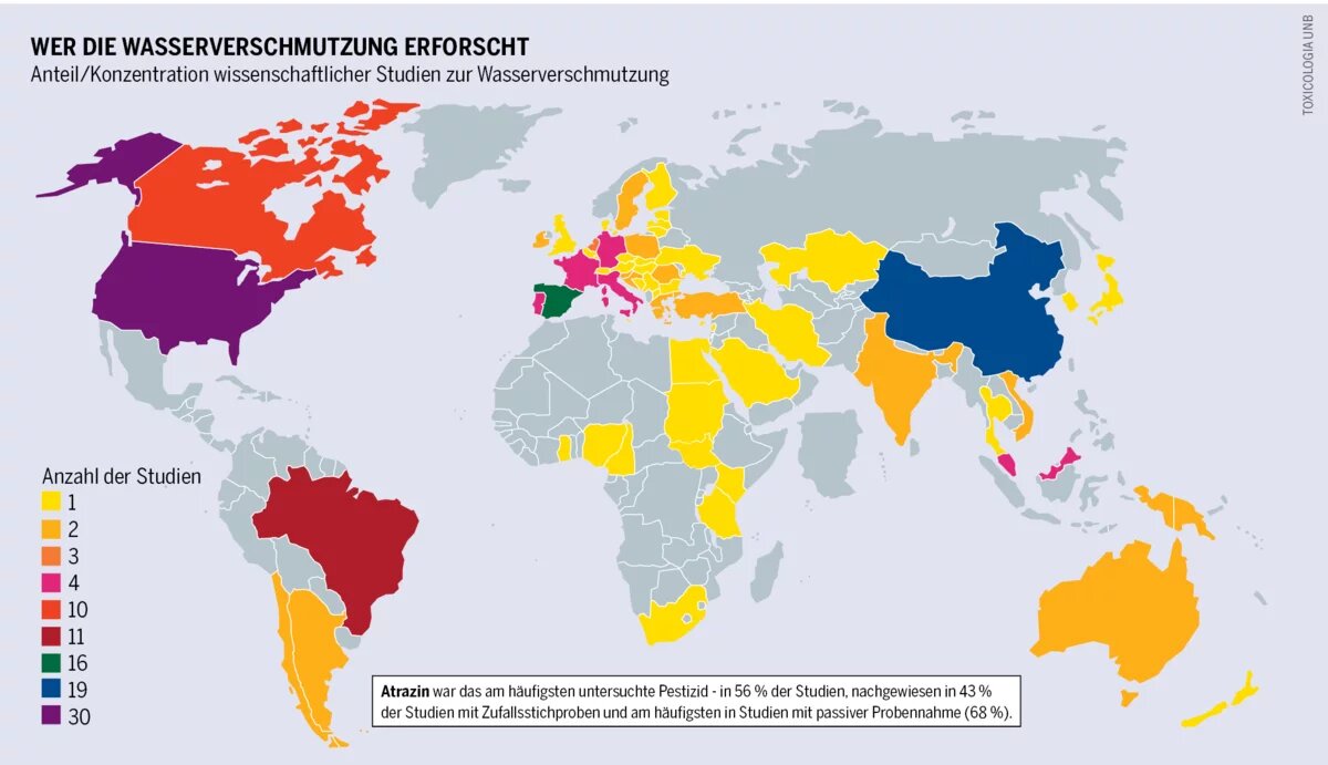 Infografik Weltkarte Studien und Forschung zur Wasserverschmutzung Die Infografik zeigt eine Weltkarte, die anhand verschiedener Farben, den Forschungsstand verschiedener Länder zur Wasserverschmutzung zeigt.