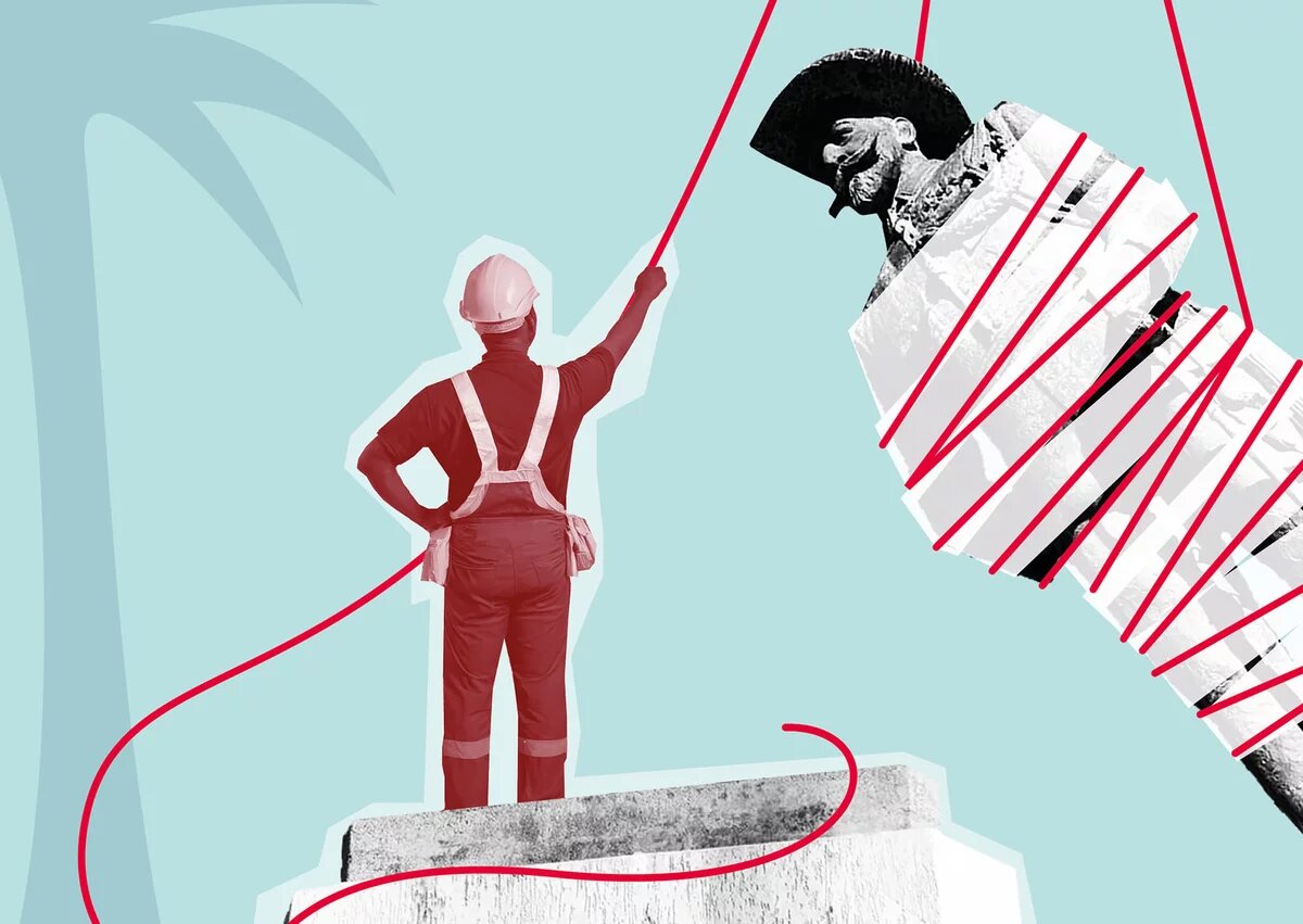 Illustration: German colonial statue in Windhoek is brought down Illustration: Construction worker holds rope and drops oversized statue - man with hat and moustache - to the ground