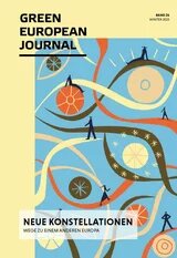 Illustration: Cover des „Green European Journal“ Band 26, Winter 2023. Abstrakte Figuren und Linien auf blauem Hintergrund mit Kreisen und Sternen.