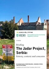 Photo: A dilapidated building with a partially collapsed roof and chimneys. In the foreground, a warning sign in Serbian. Above, the cover of the report The Jadar Project, Serbia: history, context and concerns.